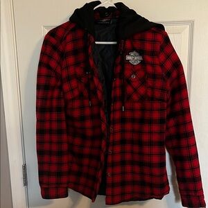 Harley-Davidson Women’s Black and Red Plaid Shirt Jacket with Hood